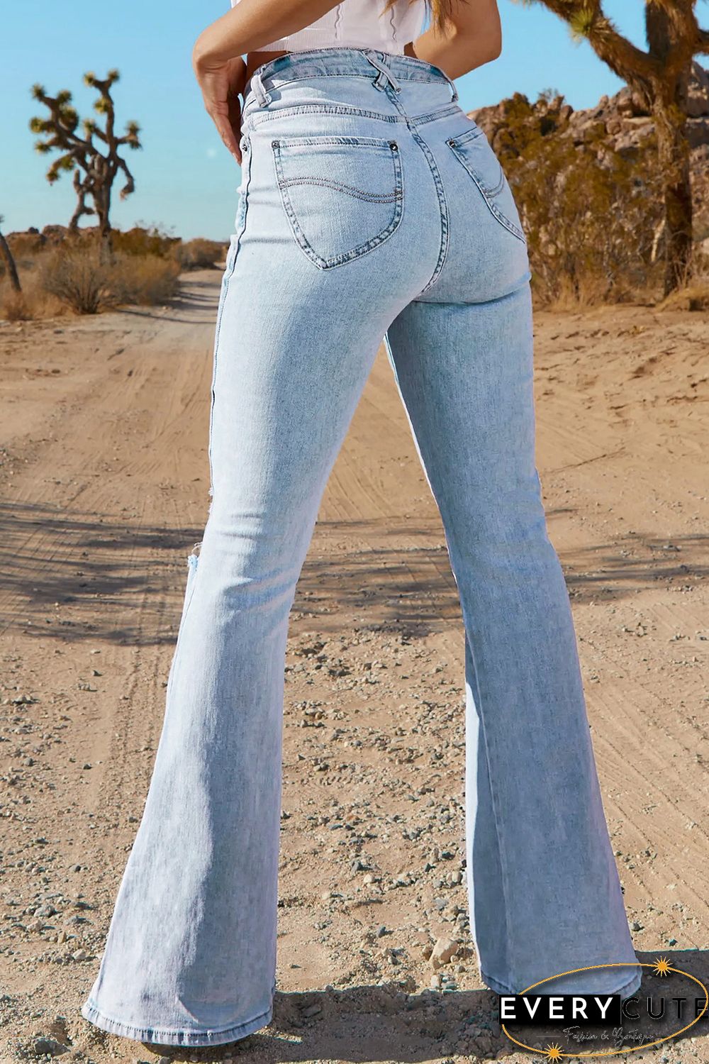 Sky Blue Black Ripped Slit Legs Flare Jeans