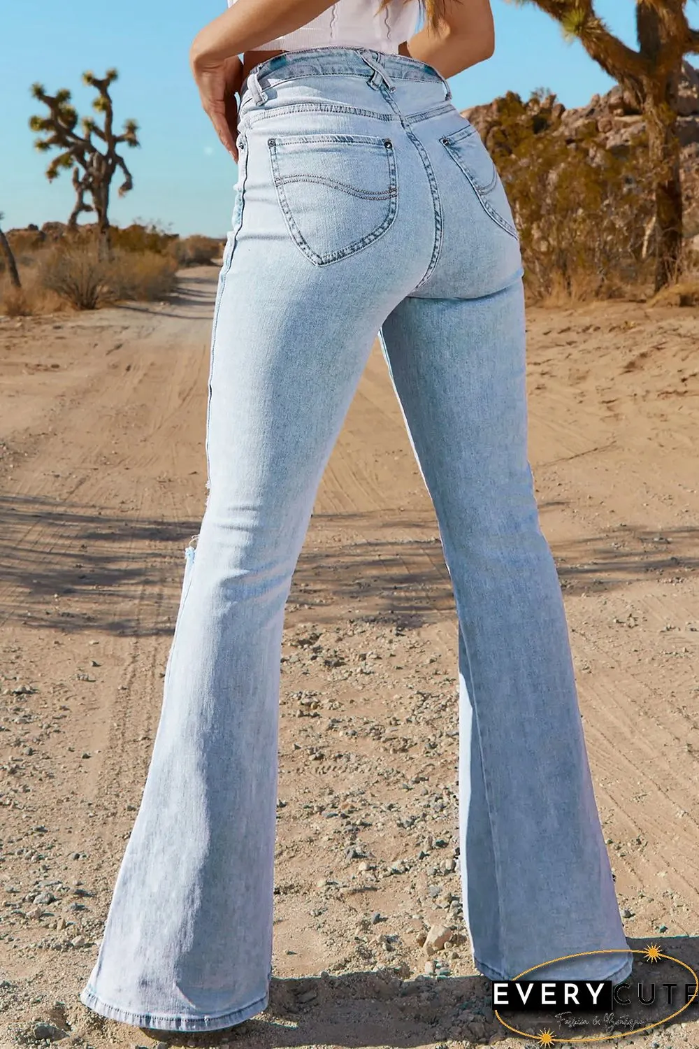 Sky Blue Black Ripped Slit Legs Flare Jeans