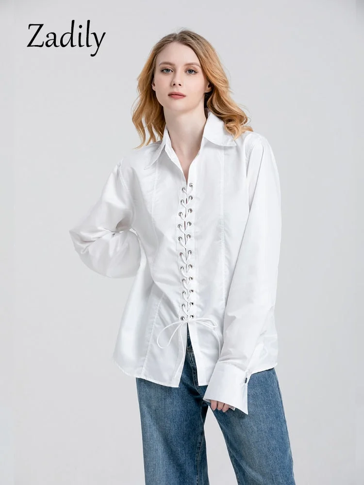 Huibahe 2023 Summer Streetwear Long Sleeve Women Oversize White Shirt Corns Hole Bandage Woman Blouse Casual Female Clothing Tops