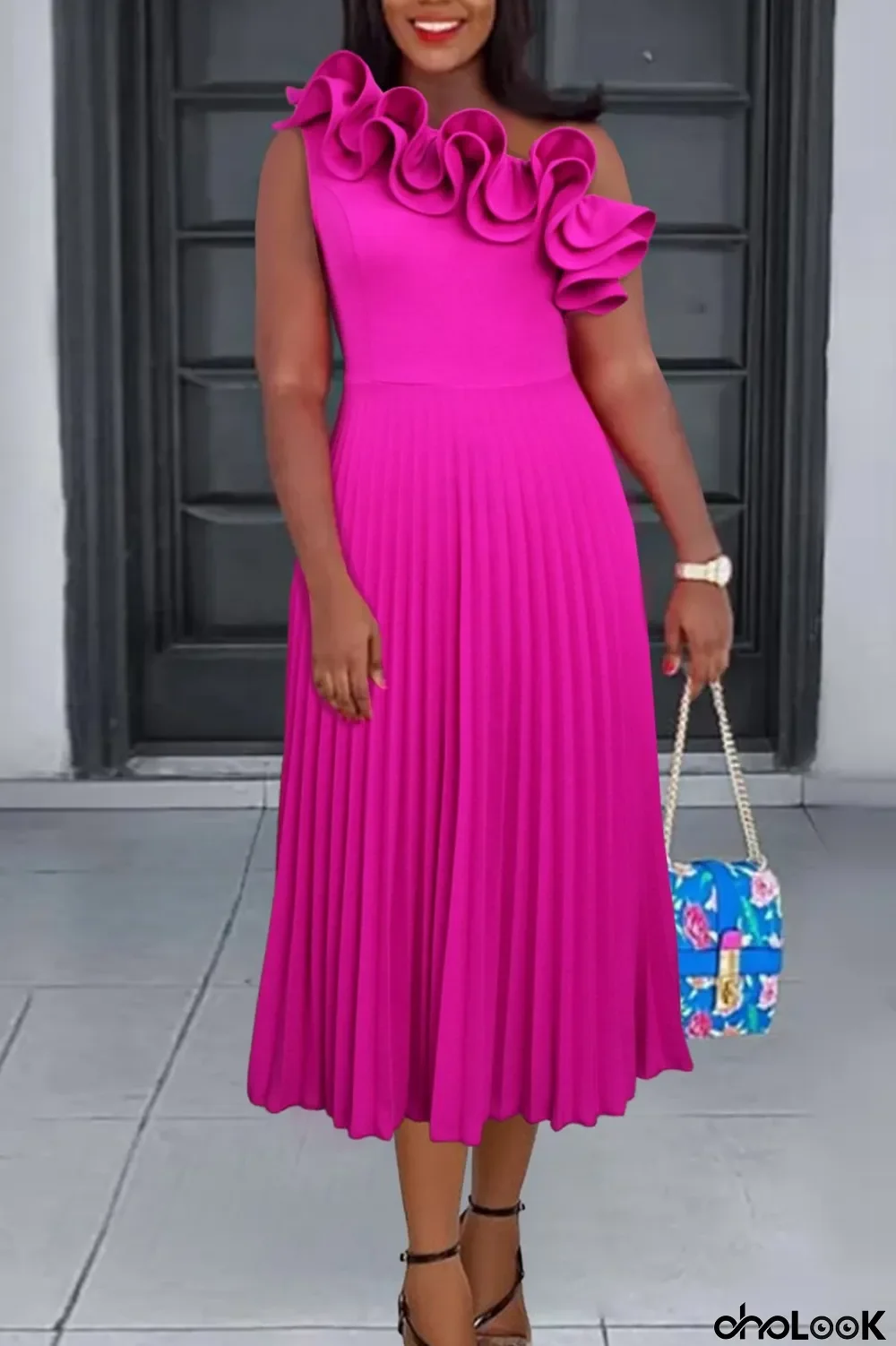 Rose Red Casual Solid Patchwork Oblique Collar Pleated Dresses