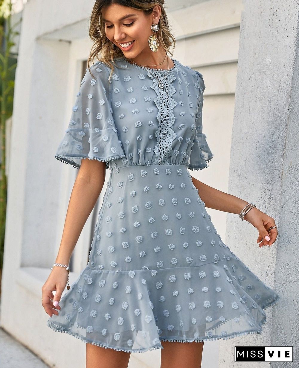 Holiday o-neck flare sleeves tassel white mini dress summer women Hollow out emboridery ruffle dresses Casual vestidos