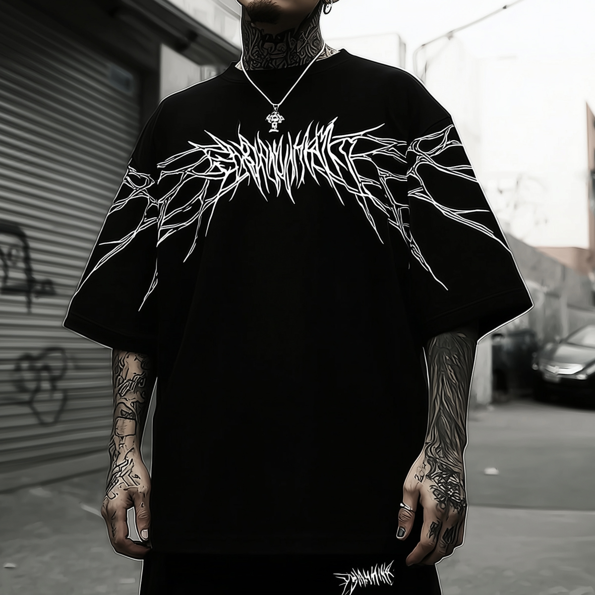 Cotton-Polyester Blend Oversized Black T-Shirt With White Gothic Print Design