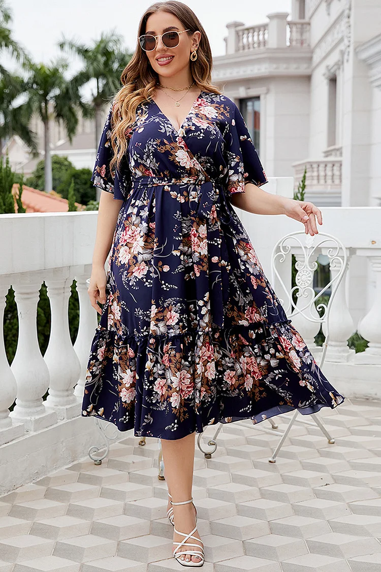 Plus Size Casual Navy Blue Floral Print Ruffle Sleeve Tunic Tea-Length Dress  Flycurvy [product_label]