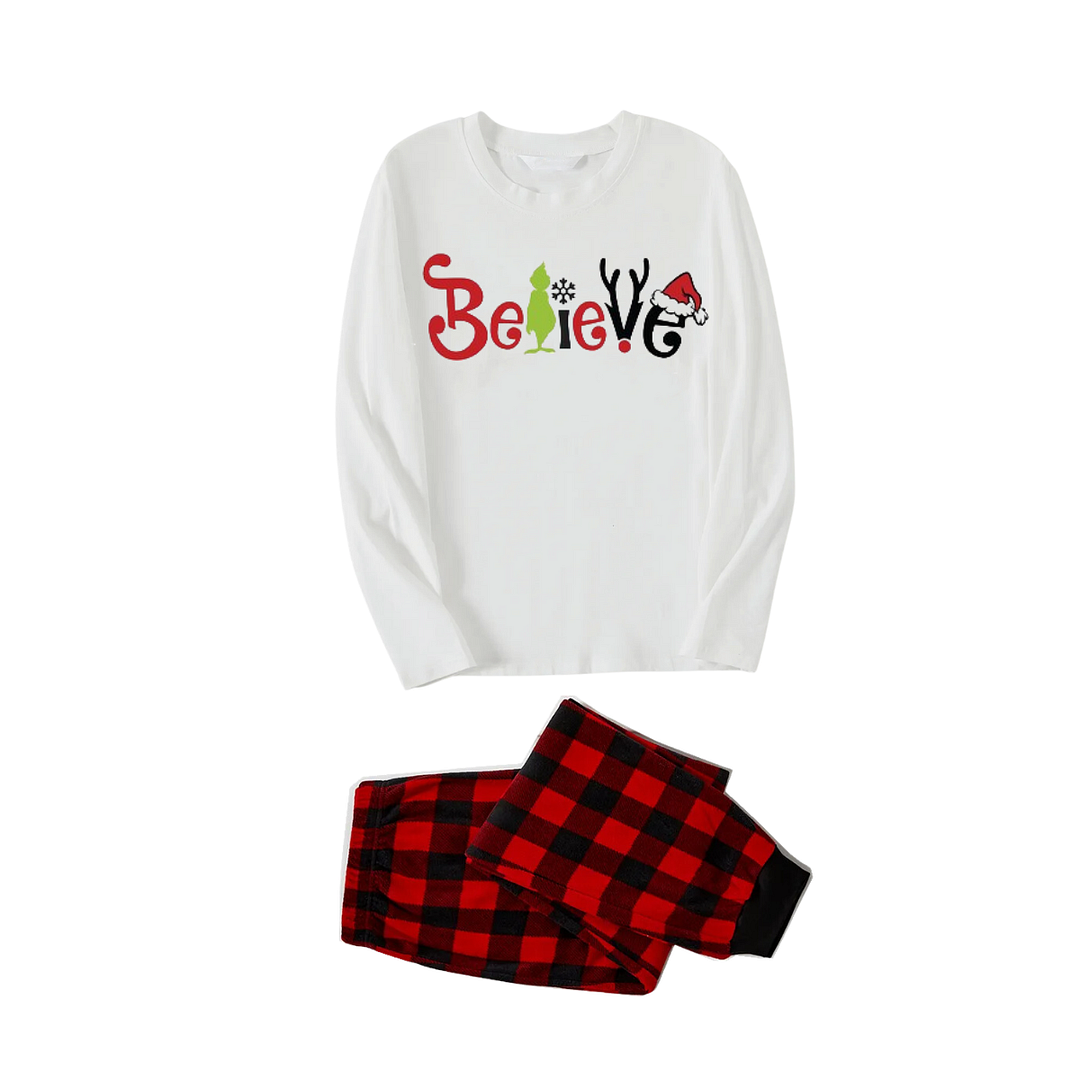 Christmas 2024 "Believe" Letter White Long Sleeve Top and Red & Black Plaid Pants Family Matching Pajamas