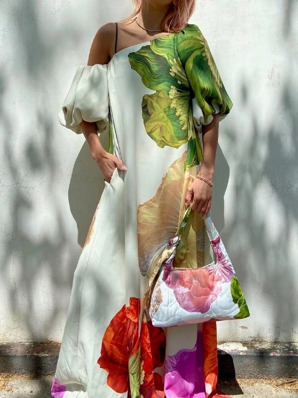 Elasticity Flower Print A-Line Loose One-Shoulder Maxi Dresses