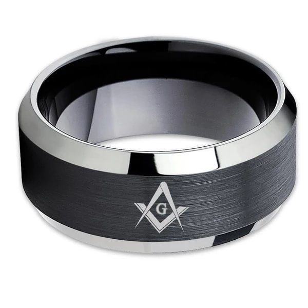 Women's or Men's Tungsten Masonic Wedding Band - Black Tungsten Carbide Rings - Masonic Wedding Ring - Black With Mens And Womens For 4mm 6mm 8mm 10mm 12mm