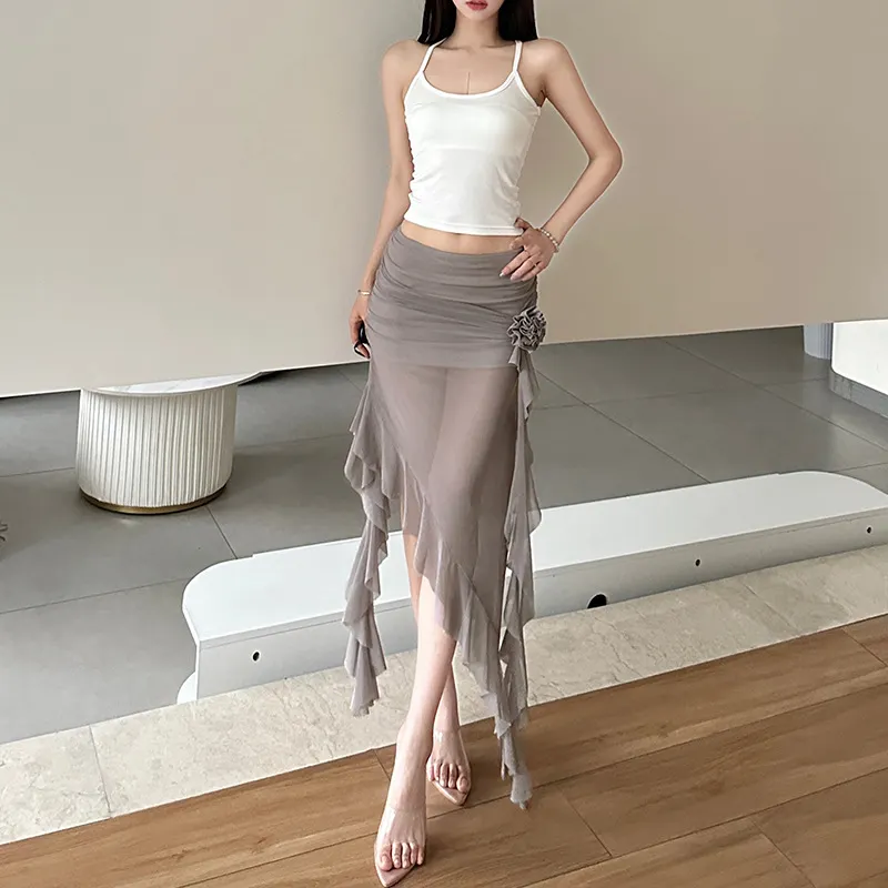 Uveng 2024 Summer New Women's Net Yarn Bag Hip Three-Dimensional Flower Body Irregular Side Half Skirt