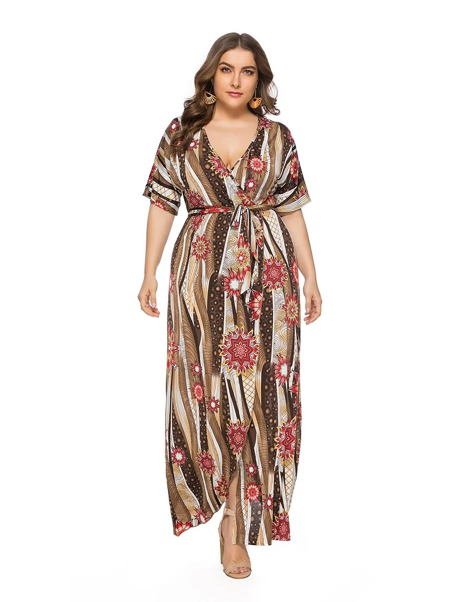 Plus Size Dress Short Sleeve V Neck Print Irregular Dress