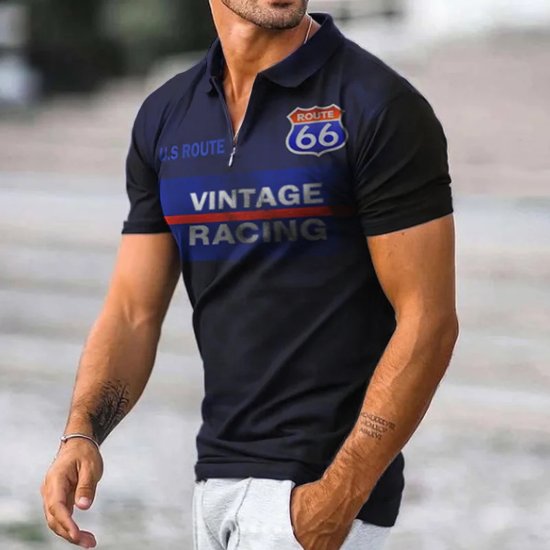 Men's Fashion Casual Route 66 Lapel T-Shirt / [viawink] /