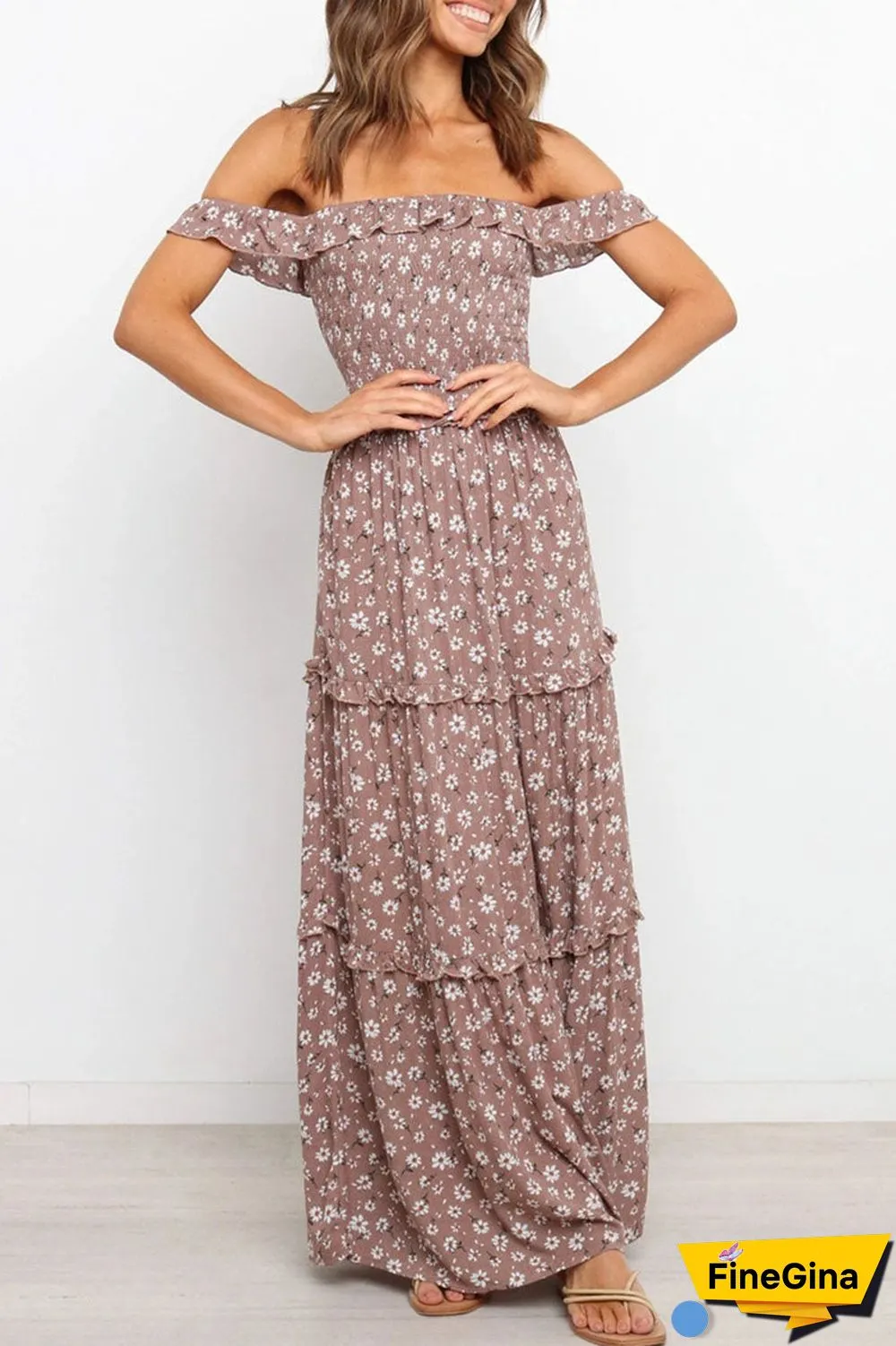 Fashion Street Print Split Joint Off the Shoulder Princess Dresses