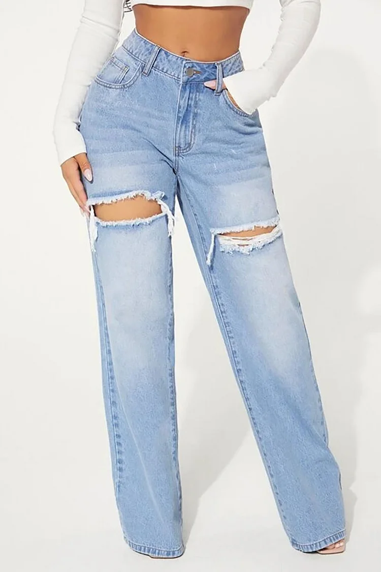 Denim Ripped Cut Out Straight Leg Pocket Jeans