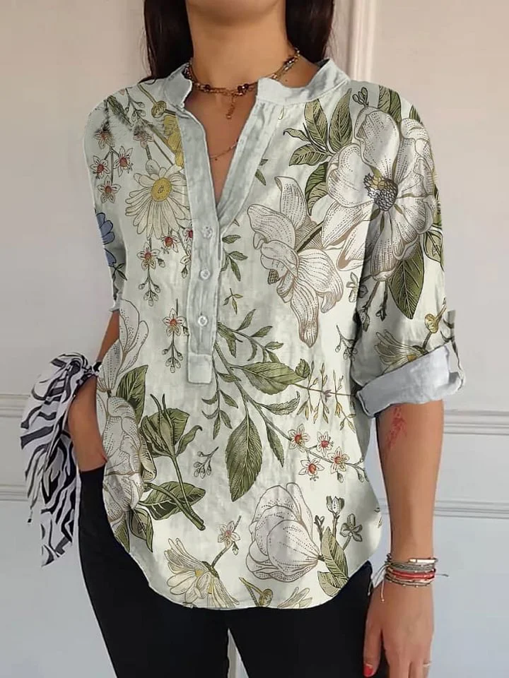 Women's Retro Floral Colorful Print Casual Long Sleeve Comfortable Cotton Shirt