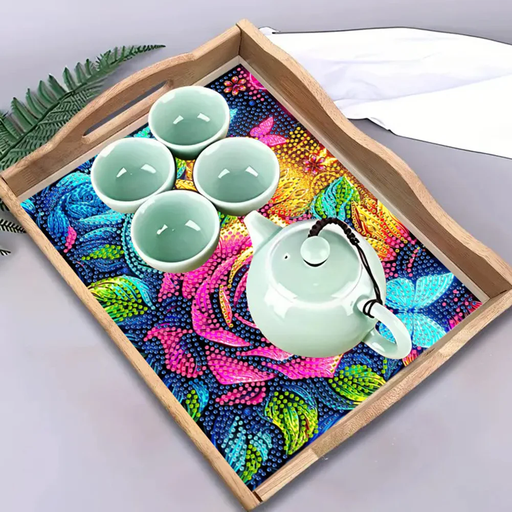 Butterfly Diamond Painting Wooden Serving Tray with Handles Home Decor (C)