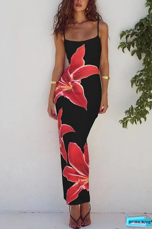 Meridress Spaghetti Strap Back Slit Lily Print Bodycon Maxi Dress
