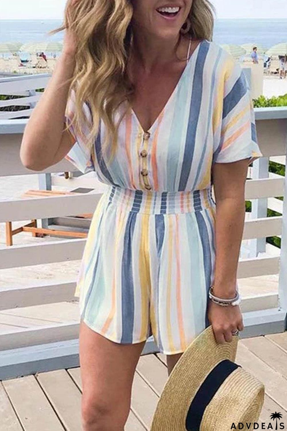 Striped Print V-neck Button Romper