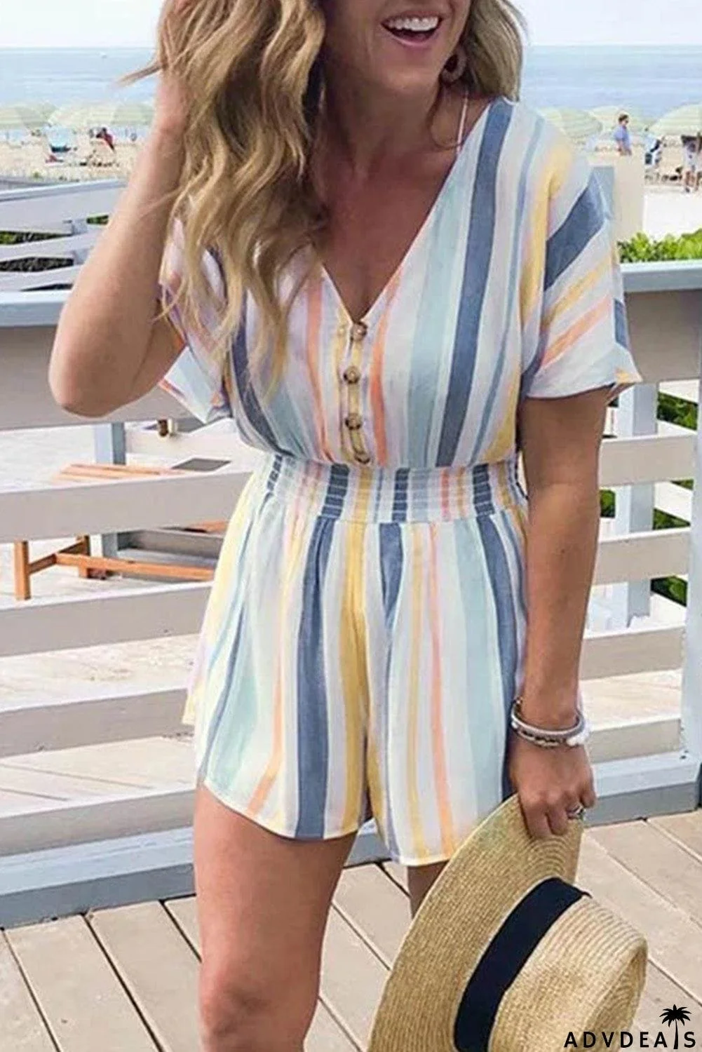 Striped Print V-neck Button Romper