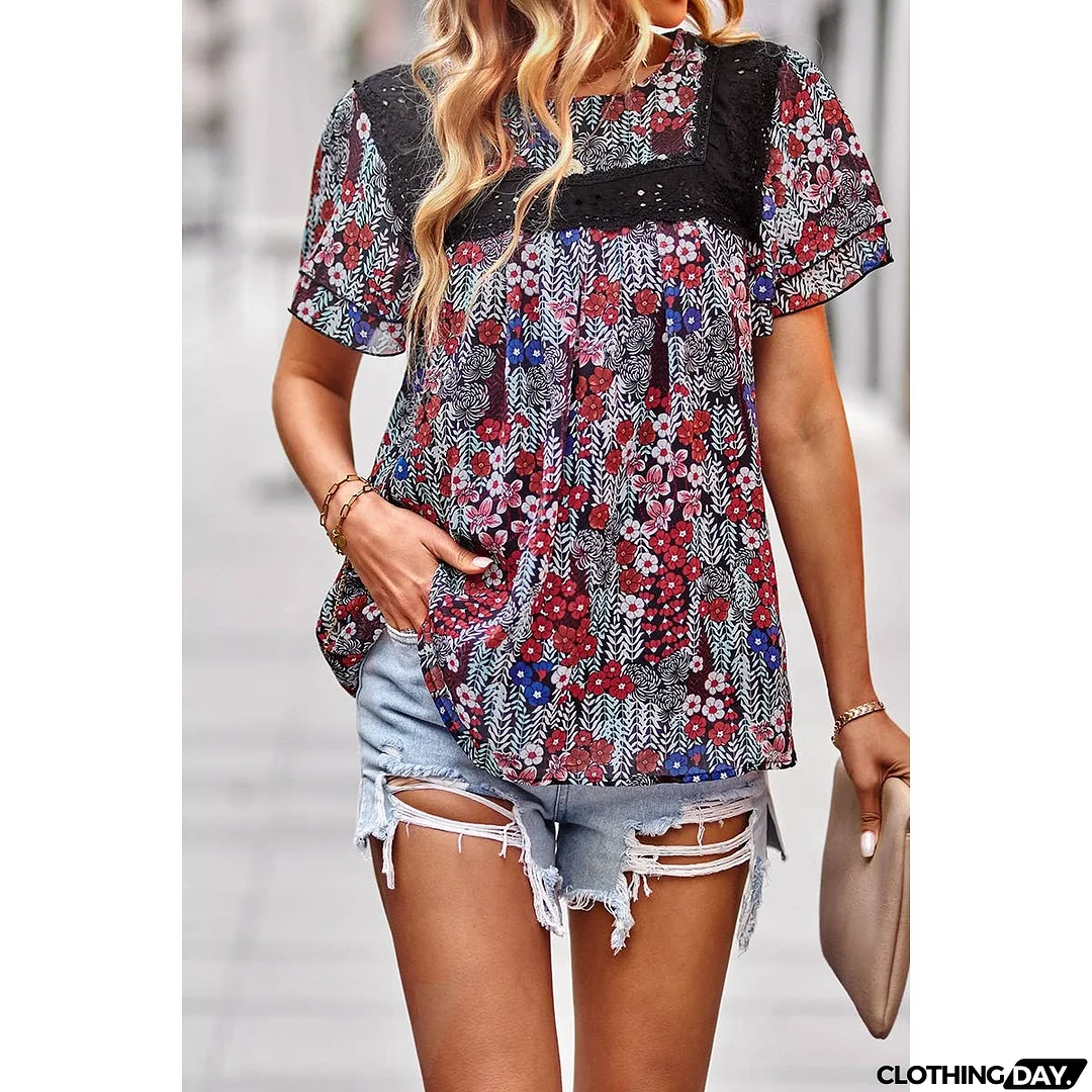 Floral Lace Round Neck Ruffle Loose Fit Top