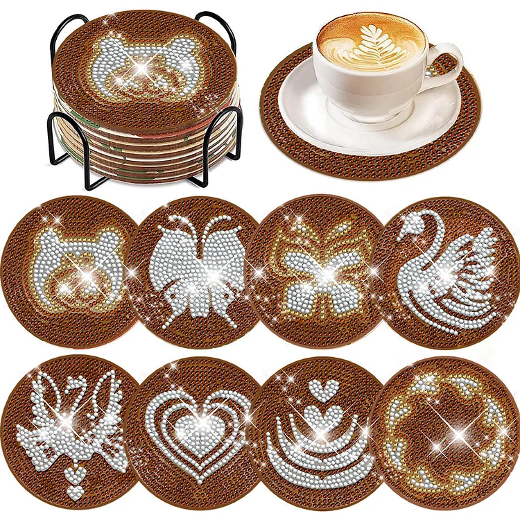 8 PCS Coffee Happy Birthday Acrylic Diamond Painting Art Coaster Kit with Holder