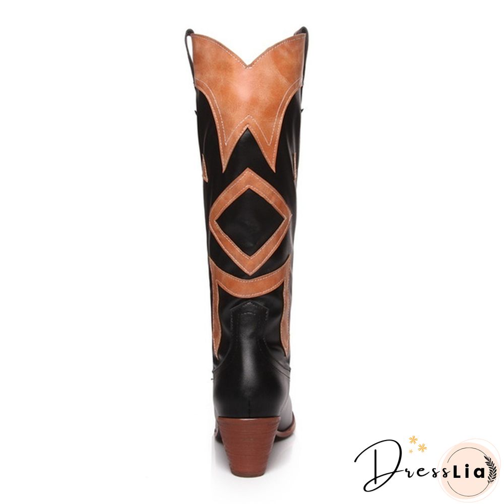 The New Style Western Cowboy Boots For Women Pointy Toe Cowgirl Boots Square Heels Knee High Boots Retro Women Boots