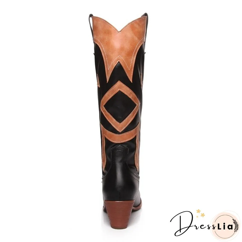 The New Style Western Cowboy Boots For Women Pointy Toe Cowgirl Boots Square Heels Knee High Boots Retro Women Boots