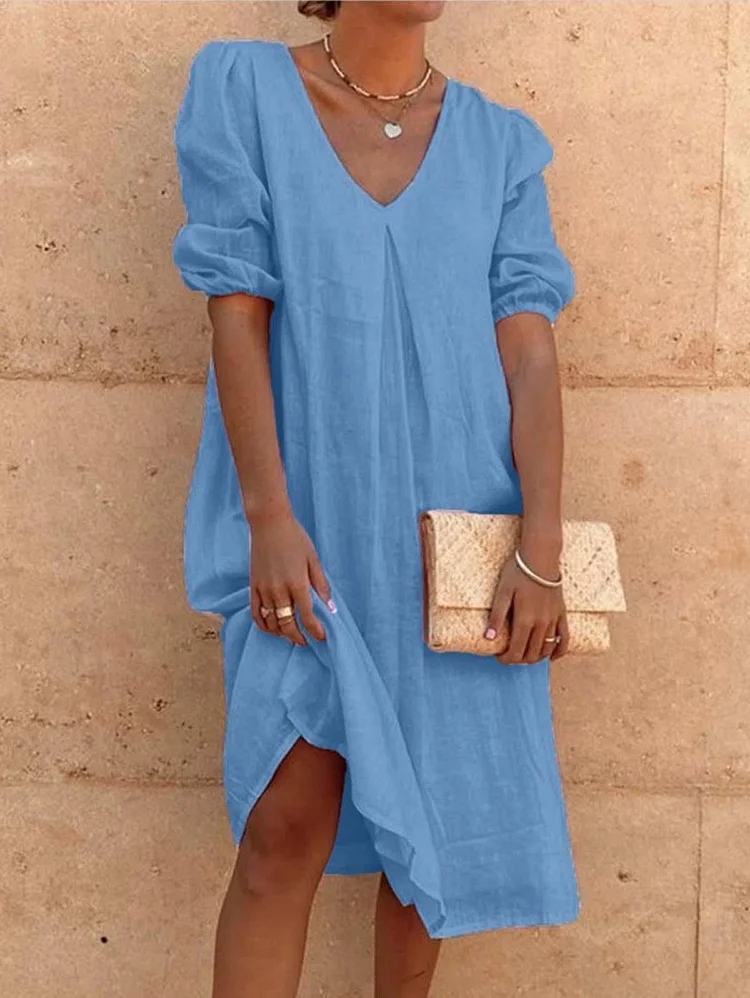 Solid V Neck Tight Cuff Cotton And Linen Dress