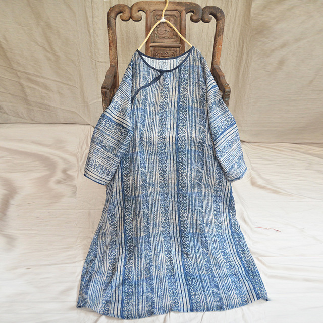 Original Linen Printed Loose Vintage Retro Flax Dresses