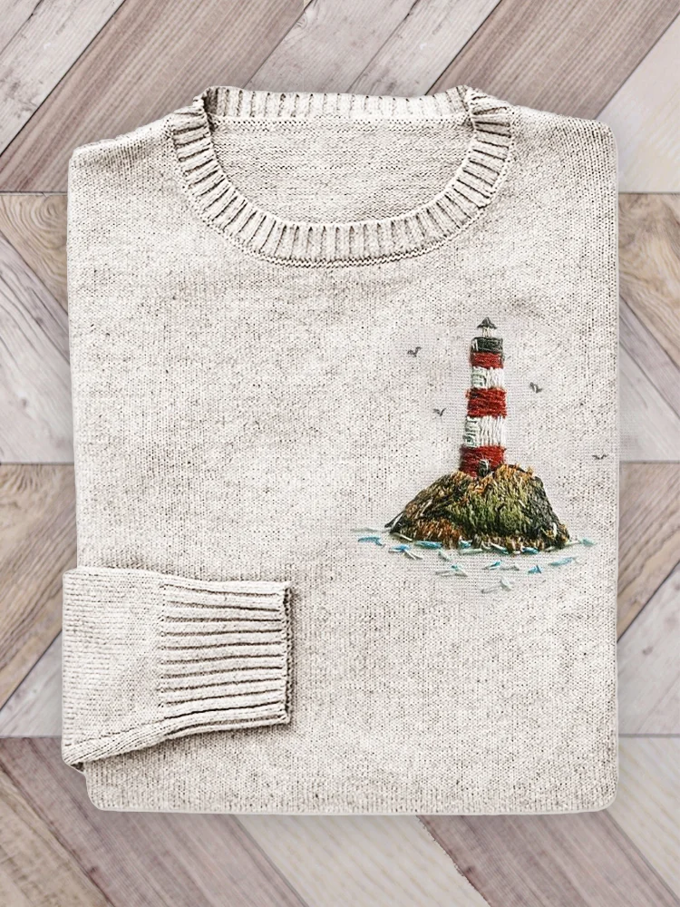 VChics Lighthouse Embroidery Art Cozy Knit Sweater