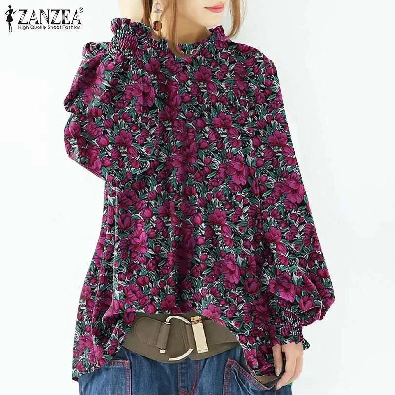 Bohemian  ZANZEA Elegant Long Puff Sleeve Party Shirt Women Stylish Floral Printed Blouse Spring Ruffles Blusas Casual Work Tops