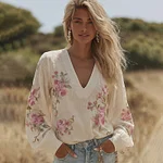 Women's Retro Pink Floral Print V-neck Linen Blend T-shirt - Image 2