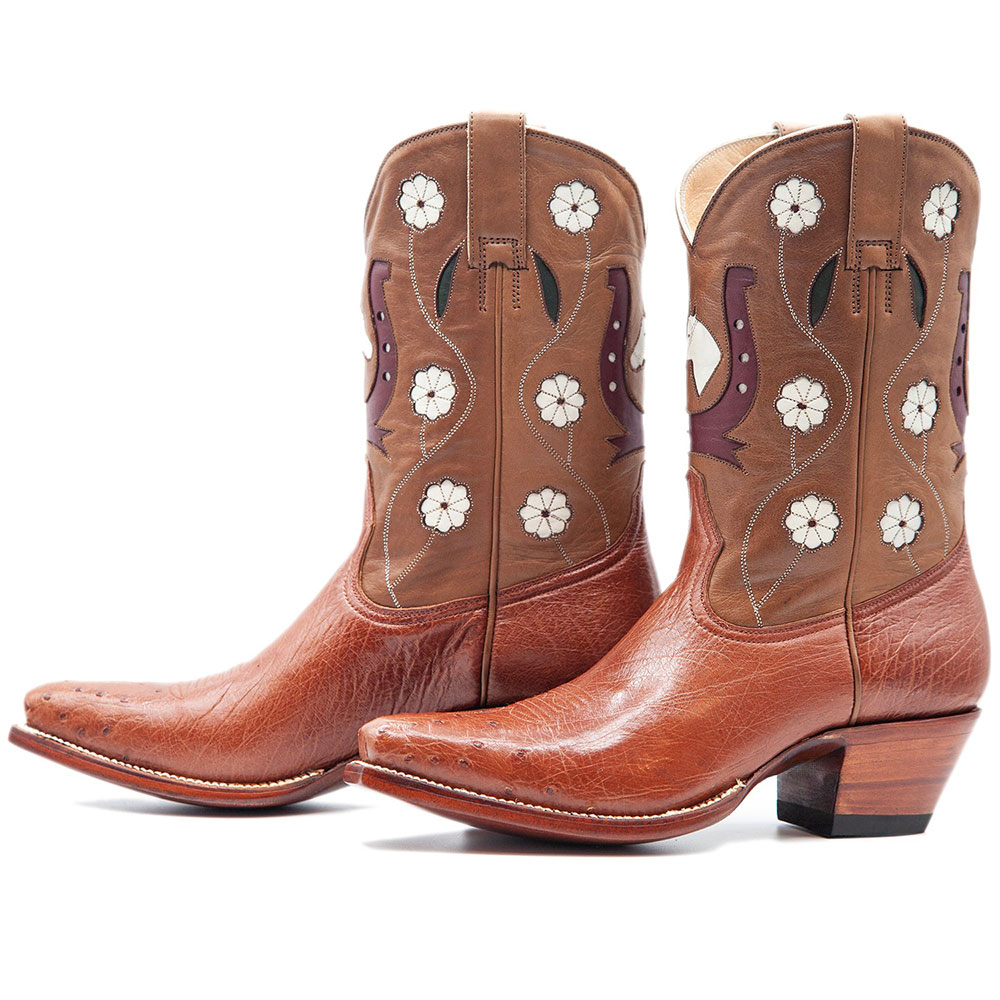 Brown Ostrich Vamp Snip Toe Floral Inlay Mid-Calf Cowgirl Boots Nicepairs