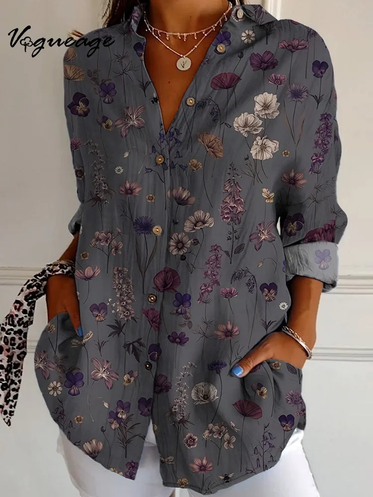 Gentle And Elegant Flowers Long sleeve Printed Cotton And Linen Shirt