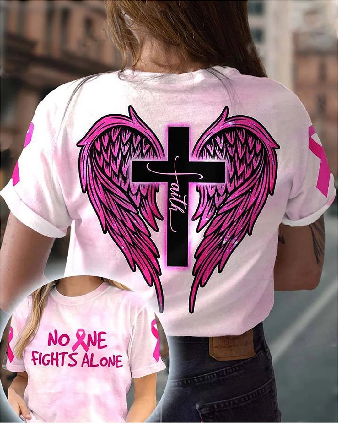 Wings No One Fights Alone Breast Cancer Tee