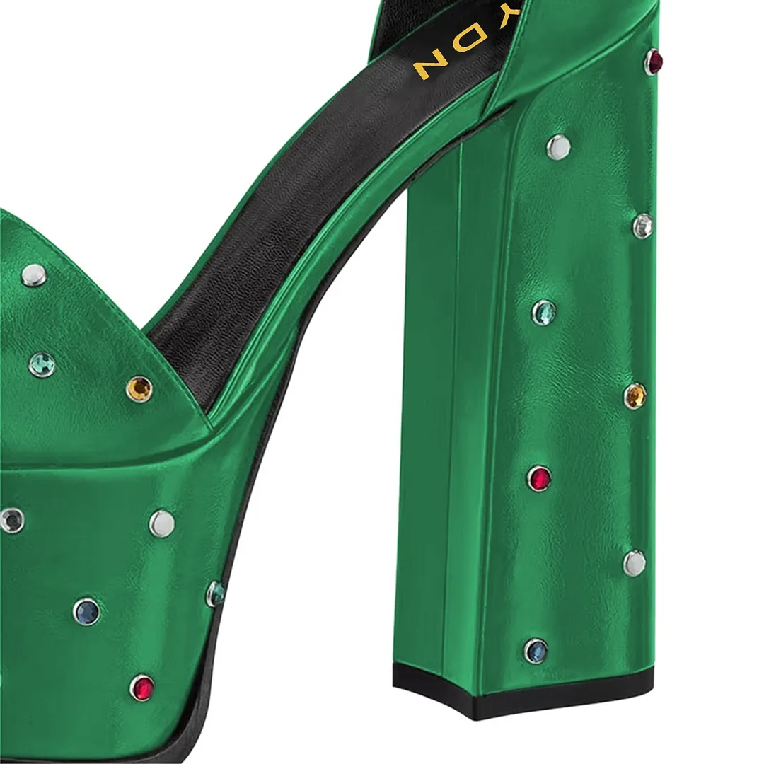 Green Open Toe Rhinestone Ankle Strap Platform Sandals for Women