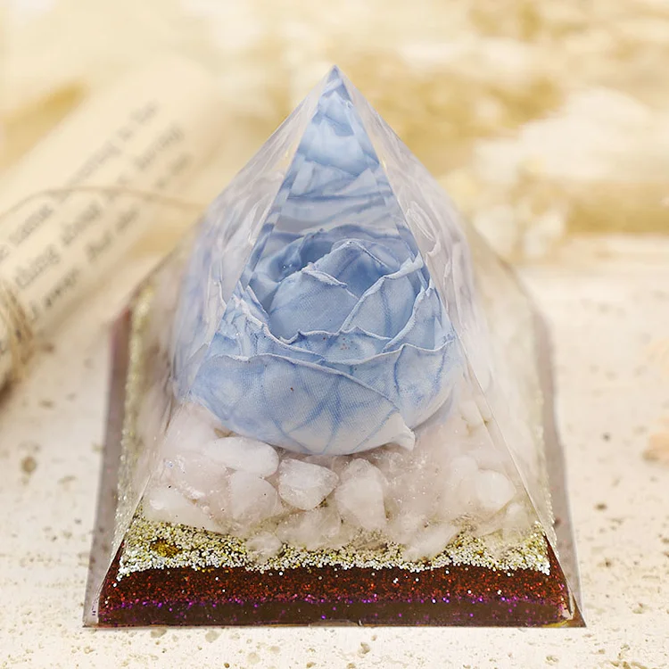 Romance -  Blue Rose With Clear Crystal Orgone Pyramid