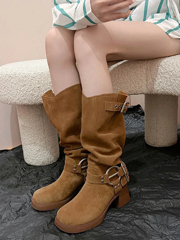 Buckle Round-Toe Split-Joint Velvet Boots Pumps