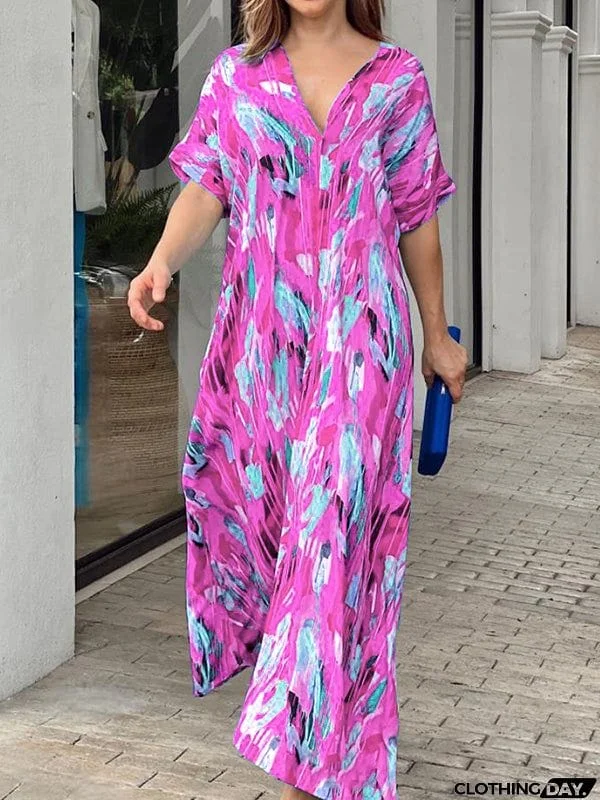 Loose Short Sleeves Multi-Colored Printed V-Neck Maxi Dresses