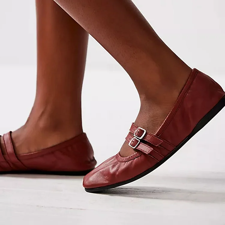 Dark Red Flat Buckle Shoes Women's Classic Square Toe Casual Flats |FSJ Shoes