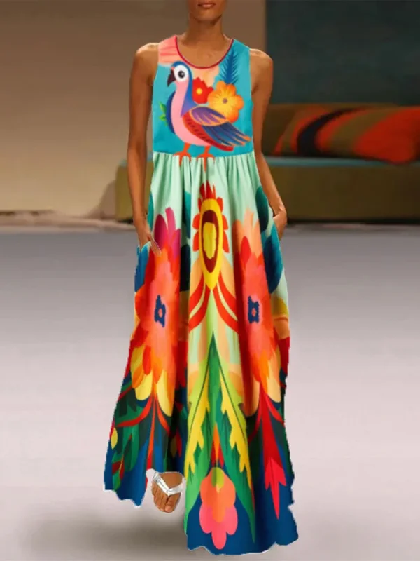 Casual Cute Parrot Floral Print Sleeveless Dress
