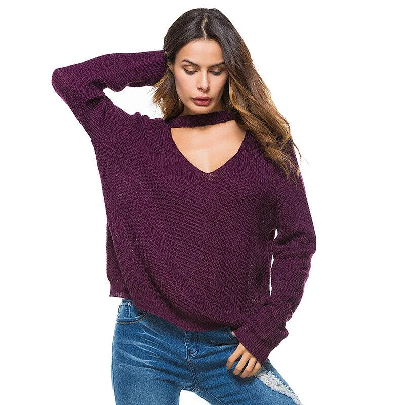 Women's Knit Sweater Tops New Fashion Sexy Style Deep V-Neck Knitwear Splicing Long Sleeved Casual Sweaters Female Office Lady