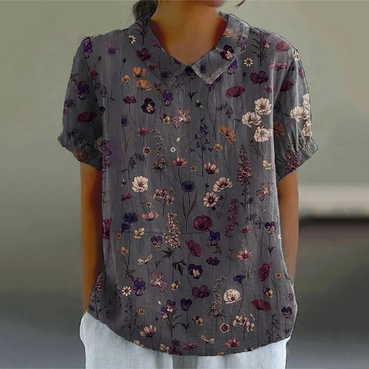 VChics Women's Flower Art Print Casual Cotton Linen Shirt