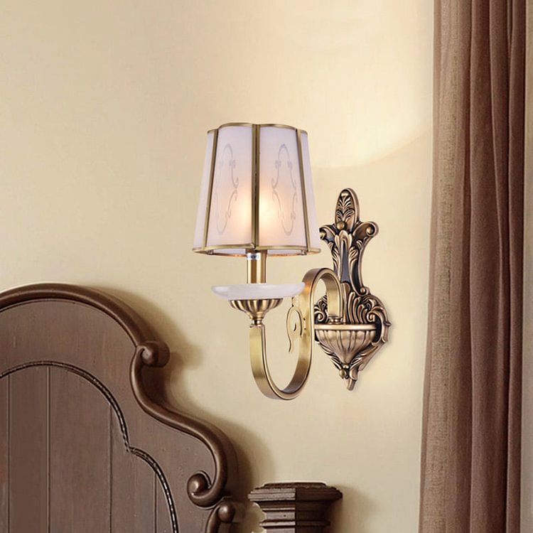 Cone Translucent Glass Sconce Light Fixture Vintage 1/2 Bulb Indoor Wall Mounted Lamp in Brass