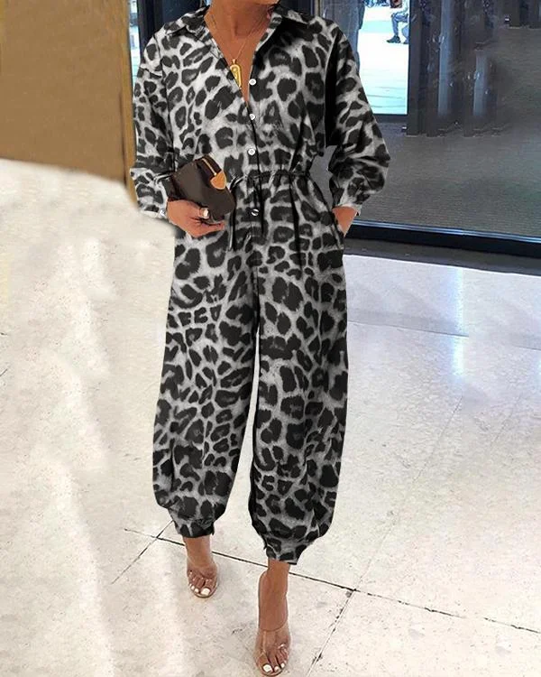 women s loose leopard long sleeves jumpsuits p535564