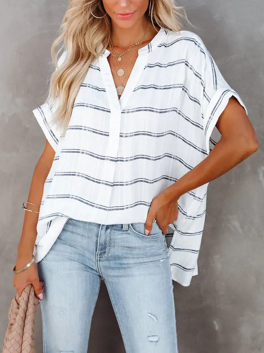 Stripe V Neck Bat Wing Sleeve Loose Top