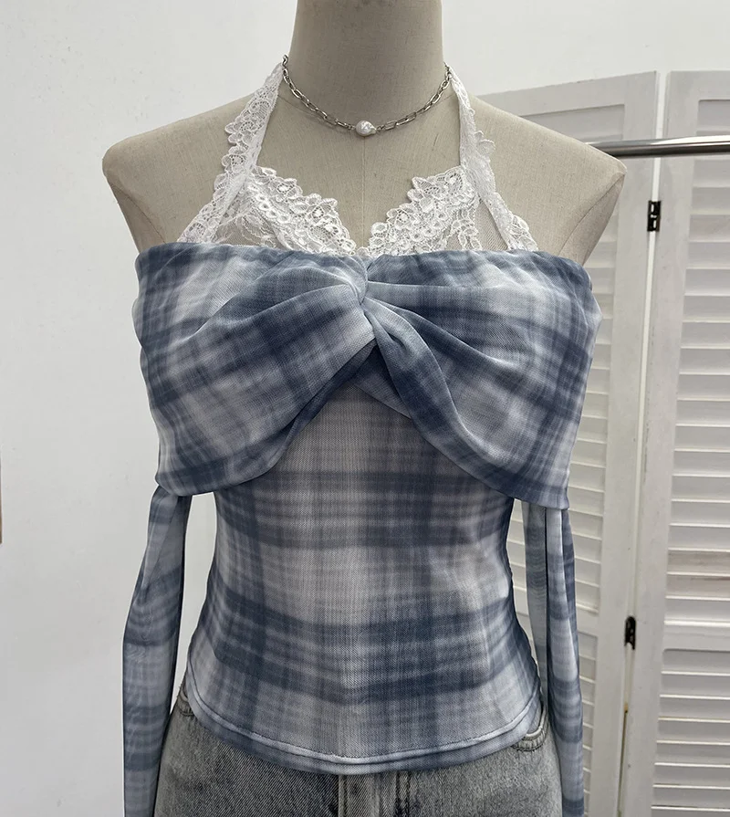 Nigikala Nigikala Hanging Neck Shoulder Mesh Yarn Long-Sleeved Top Design Y2k Short Repair T-Shirt 8070