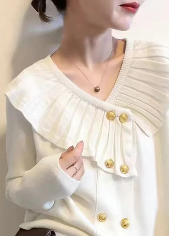 Cute White V Neck Cotton Knit Sweater Spring