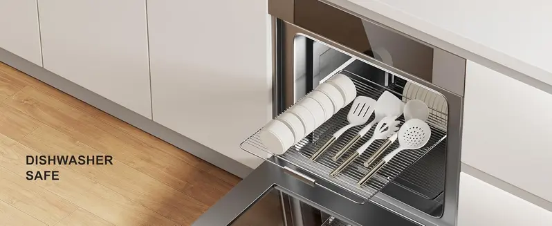 Product Introduction of OOU Magnetic Silicone Cooking Utensils Set with Wall Rack. 6 Pcs Kitchen Utensils Sets for Cooking with Stainless Steel Handle. Heat Resistant 446°F. Non-Scratch for Nonstick Cookware. BPA-Free 9