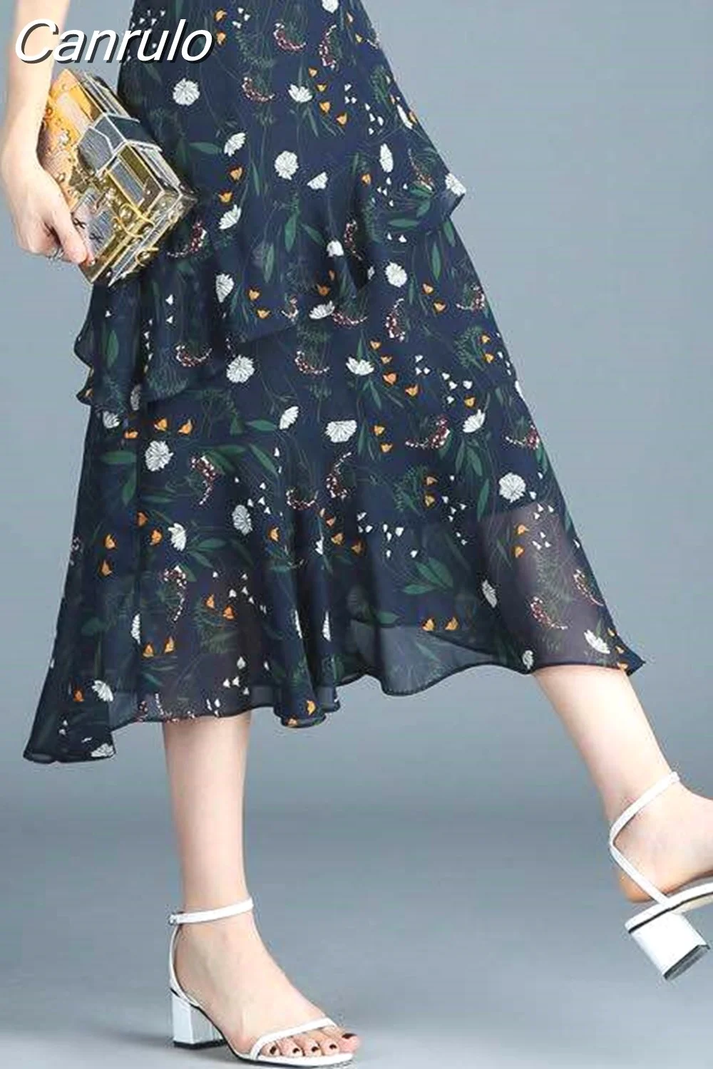 Canrulo Skirt Spring Summer New Printing Floral Popularity High Waist Ruffles Ankle-Length Vintage Office Lady Elegant Fashion
