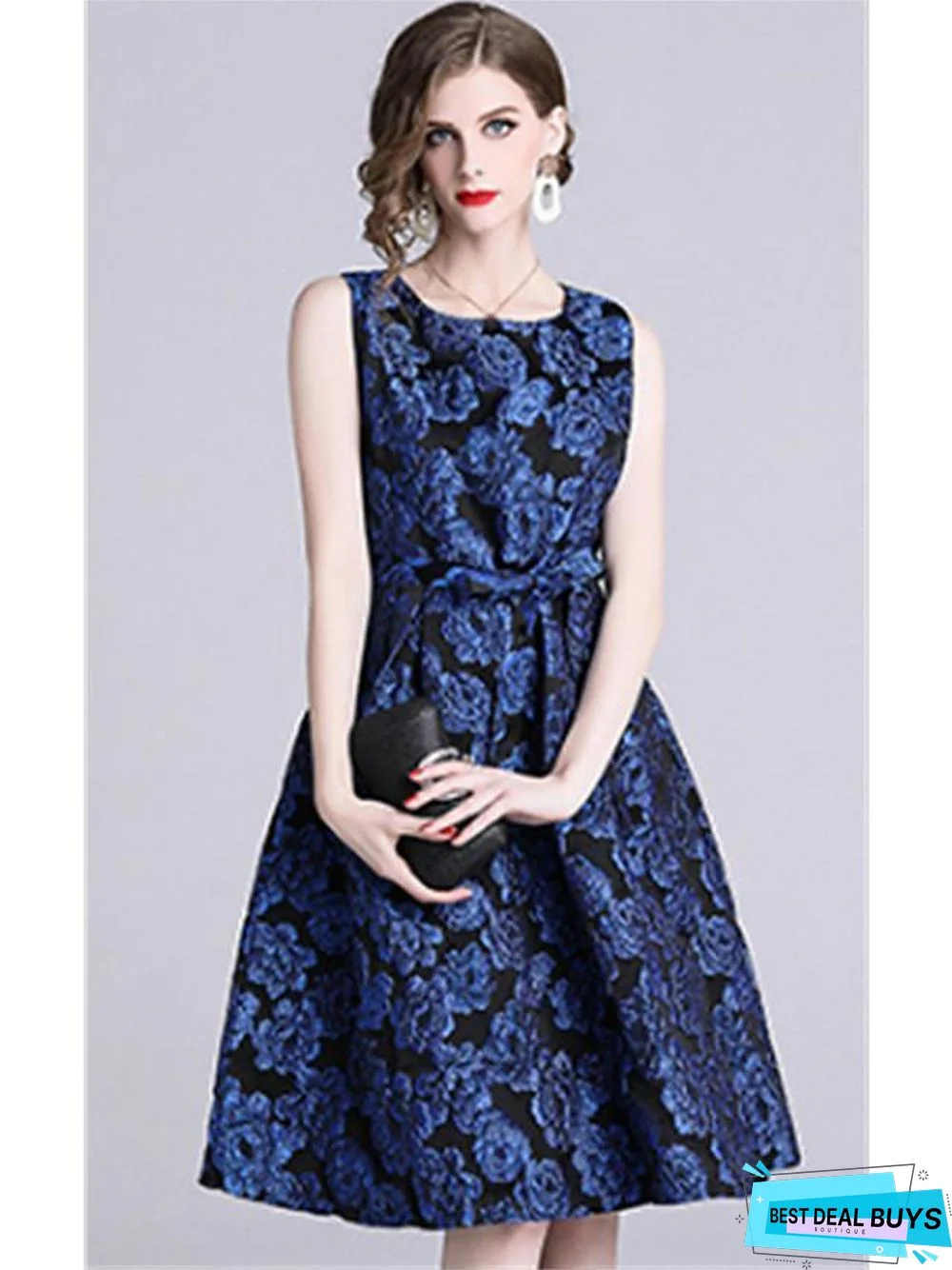 Women's A-Line Dress Sleeveless Floral Blue Red Navy Blue