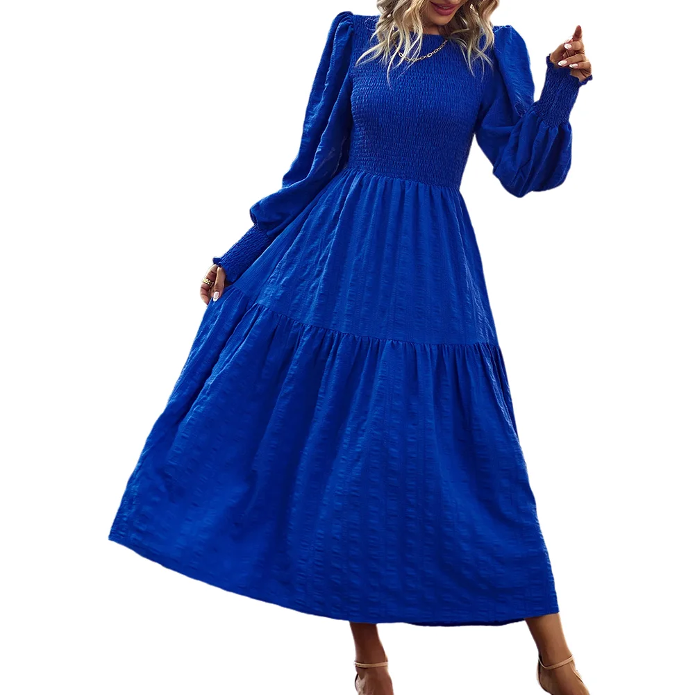 Royal Blue Puff Sleeve Pleated Swing Long Dress