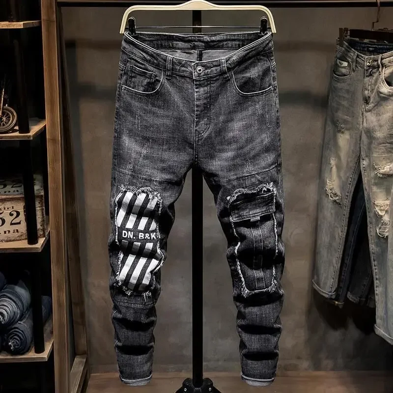 Cricsblue fall fashion Men's Jeans Skinny Trousers Light Blue with Holes Man Cowboy Pants Patch Tight Pipe Torn Ripped Slim Fit Punk Broken Original Xs